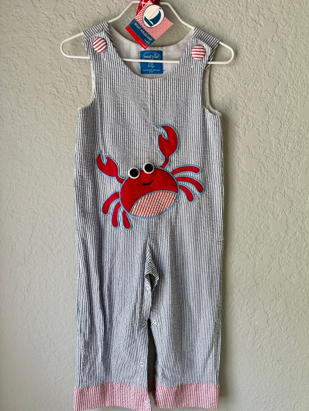 Mud Pie Blue Seersucker Crab Jon Jon Romper 2T Vacation Nautical